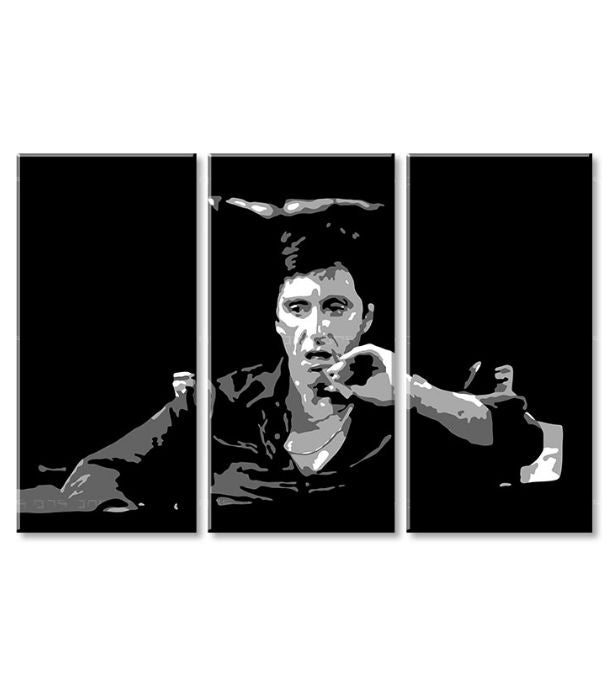 Pop art slika na platnu s motivom Tony Montana razmišlja nad svojim plánom, cigara u bijelo-crnih nijansama, drska atmosfera, filmski svijet i nostalgija – proizvod, pogled 2