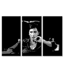 Pop art slika na platnu s motivom Tony Montana razmišlja nad svojim plánom, cigara u bijelo-crnih nijansama, drska atmosfera, filmski svijet i nostalgija – proizvod, pogled 2