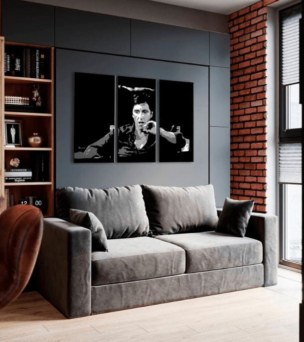 Pop art slika s motivom Tony Montana razmišlja nad svojim plánom, cigara u bijelo-crnih nijansama | Najveći mafiáni na platnu Scarface - Tony Montana razmišlja nad svojim plánom – pregled