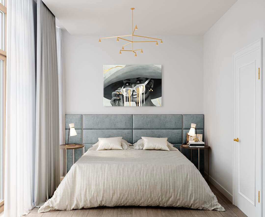 Pop art slika na platnu s motivom PREMIUM ART – Žena v klobúku, priroda u sivo-zlatnih nijansama, stilska atmosfera, ljepota i tajna, pogodan za spavaće sobe – proizvod