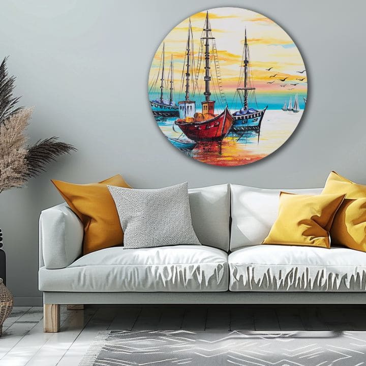 Pop art slika na platnu s motivom okean, nebo, pejzaž u plavo-narandžastih nijansama, mirna atmosfera, pogodan za kuhinje | Okrugli slikan slika Nekonečná ljepota – proizvod