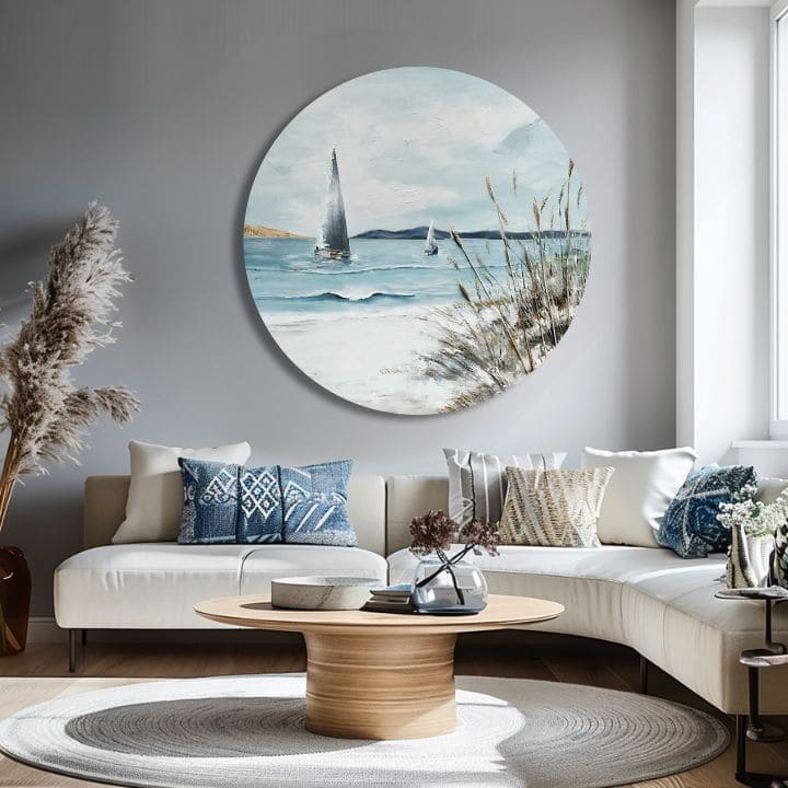 U boho stilu slika na platnu s motivom okean, pejzaž, more i plaža u bijelo-bežih nijansama, mirna atmosfera, primorski život i priroda, pogodan za spavaće sobe – proizvod