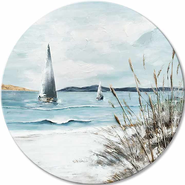U boho stilu slika na platnu s motivom okean, pejzaž, more i plaža u bijelo-bežih nijansama, mirna atmosfera, primorski život i priroda, pogodan za spavaće sobe – glavna