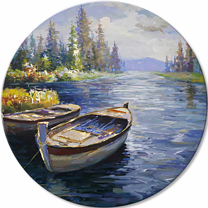 Ručno slikan slika na platnu s motivom jezero, planine, pejzaž u smeđe-plavih nijansama, mirna atmosfera, samoća i priroda, pogodan za spavaće sobe – glavna
