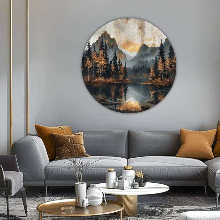 Pop art slika na platnu s motivom Súmrak v tichom údolí, planine, šuma, jezero, zalazak sunca u plavo-narandžastih nijansama, mirna atmosfera, pogodan za dnevnog boravka – proizvod, pogled 2