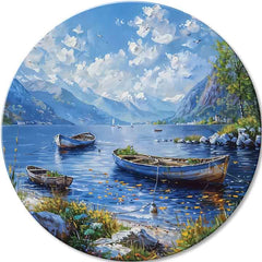Ručno slikan slika na platnu s motivom Alpské Člny, jezero, planine, nebo, oblaci u plavih nijansama, mirna atmosfera, priroda | Okruglo slike s akrylom Alpské Člny – glavna