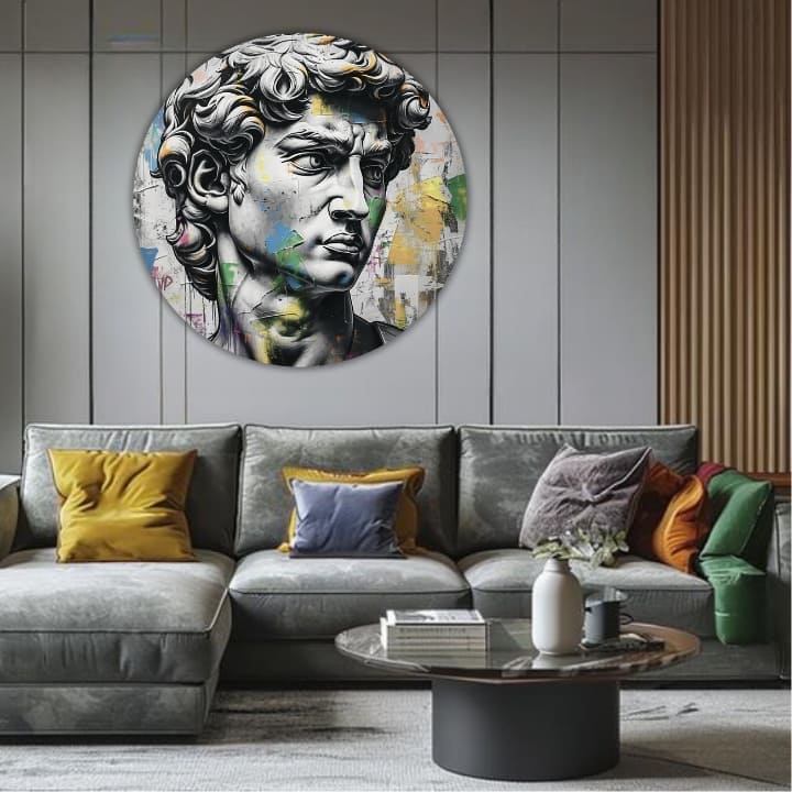 Pop art slika na platnu s motivom Antický pogled Davida u plavo-ružičastih nijansama, intenzivna atmosfera, vrijeme, pogodan za kancelarije | Okruglo slike s akrylom Antický pogled Davida – proizvod, pogled 2