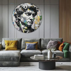 Pop art slika na platnu s motivom Antický pogled Davida u plavo-ružičastih nijansama, intenzivna atmosfera, vrijeme, pogodan za kancelarije | Okruglo slike s akrylom Antický pogled Davida – proizvod, pogled 2