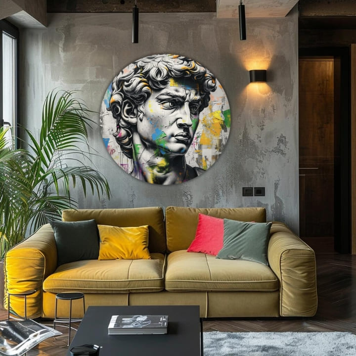 Pop art slika na platnu s motivom Antický pogled Davida u plavo-ružičastih nijansama, intenzivna atmosfera, vrijeme, pogodan za kancelarije | Okruglo slike s akrylom Antický pogled Davida – proizvod