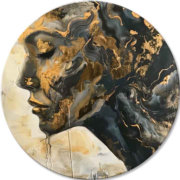 Ručno slikan slika na platnu s motivom Portrét pokory u crno-kremih nijansama, mirna atmosfera, elegancija i priroda | Okruglo slike s akrylom Portrét pokory – glavna