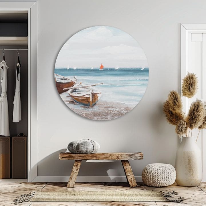 U boho stilu slika na platnu s motivom okean, plaža, nebo, pejzaž, more i plaža u bijelo-bežih nijansama, mirna atmosfera, pogodan za spavaće sobe – proizvod