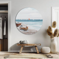 U boho stilu slika na platnu s motivom okean, plaža, nebo, pejzaž, more i plaža u bijelo-bežih nijansama, mirna atmosfera, pogodan za spavaće sobe – proizvod
