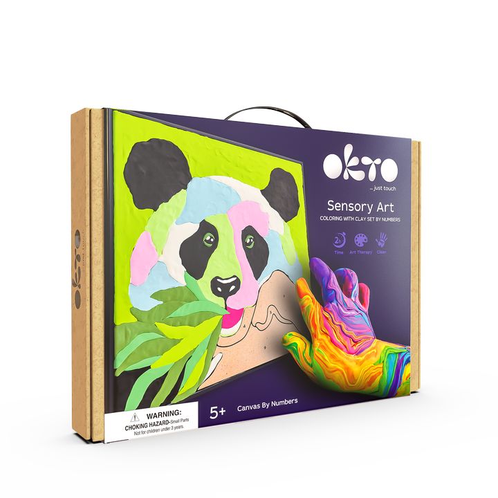 Moderan slika na platnu s motivom bambus u zeleno-ljubičastih nijansama, razigrana atmosfera, priroda i kreativnost | OKTO slikanje samotvrdnúcou hmotou 30 x 30 cm Panda – glavna