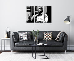 Pop art slika na platnu s motivom Marlon Brando, cigara, flaša, priroda u bijelo-sivih nijansama, dramatična atmosfera, filmski svijet i snaga i moć – glavna