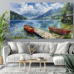 Pop art slika na platnu s motivom Miesto na oddych, jezero, planine, dječji motiv, životinja u bijelo-plavih nijansama, mirna atmosfera, pogodan za dnevnog boravka – proizvod