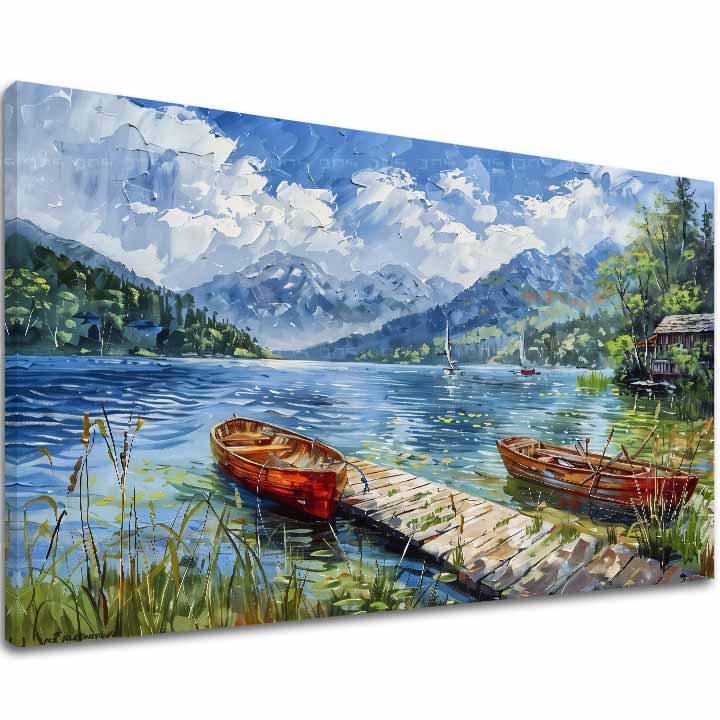 Pop art slika na platnu s motivom Miesto na oddych, jezero, planine, dječji motiv, životinja u bijelo-plavih nijansama, mirna atmosfera, pogodan za dnevnog boravka – glavna