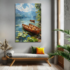 Pop art slika na platnu s motivom Romantika vo dvojici, jezero, planine, nebo u bijelo-smeđih nijansama, mirna atmosfera, priroda, pogodan za dnevnog boravka – proizvod, pogled 2