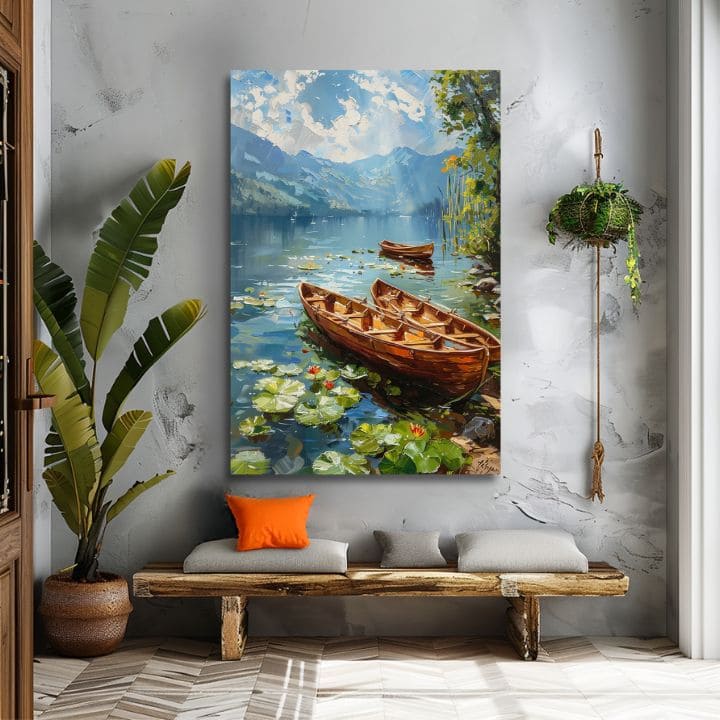 Pop art slika na platnu s motivom Romantika vo dvojici, jezero, planine, nebo u bijelo-smeđih nijansama, mirna atmosfera, priroda, pogodan za dnevnog boravka – proizvod
