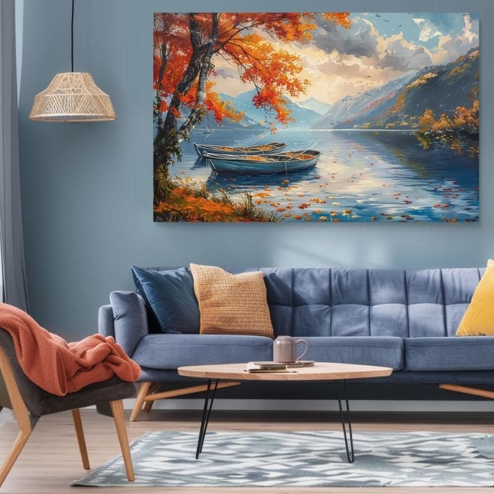 Art deko slika na platnu s motivom Jesenné lišće pri jazere, jezero, drveće, planine, nebo u plavo-narandžastih nijansama, mirna atmosfera, pogodan za dnevnog boravka – proizvod, pogled 2