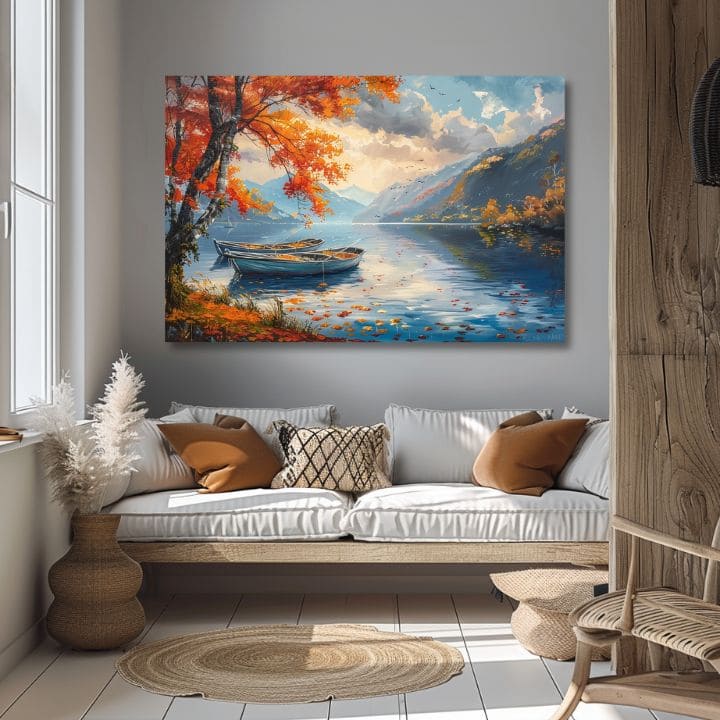 Art deko slika na platnu s motivom Jesenné lišće pri jazere, jezero, drveće, planine, nebo u plavo-narandžastih nijansama, mirna atmosfera, pogodan za dnevnog boravka – proizvod