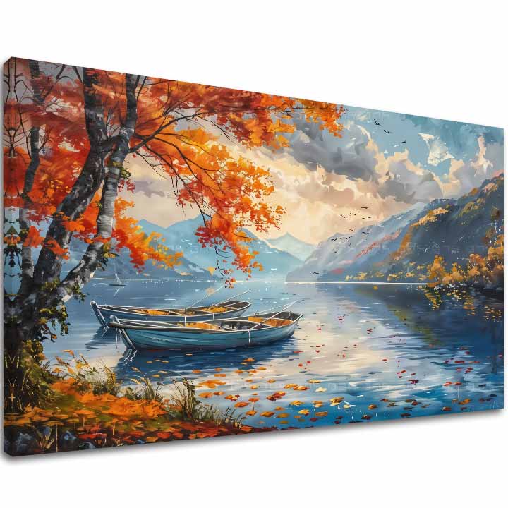 Art deko slika na platnu s motivom Jesenné lišće pri jazere, jezero, drveće, planine, nebo u plavo-narandžastih nijansama, mirna atmosfera, pogodan za dnevnog boravka – glavna