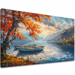 Art deko slika na platnu s motivom Jesenné lišće pri jazere, jezero, drveće, planine, nebo u plavo-narandžastih nijansama, mirna atmosfera, pogodan za dnevnog boravka – glavna