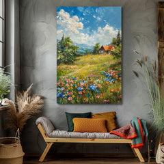 Pop art slika na platnu s motivom Chalúpka v horách, planine, nebo, drveće u plavo-ružičastih nijansama, mirna atmosfera, priroda, pogodan za hodnika – proizvod, pogled 2