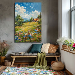 Pop art slika na platnu s motivom Chalúpka v horách, planine, nebo, drveće u plavo-ružičastih nijansama, mirna atmosfera, priroda, pogodan za hodnika – proizvod