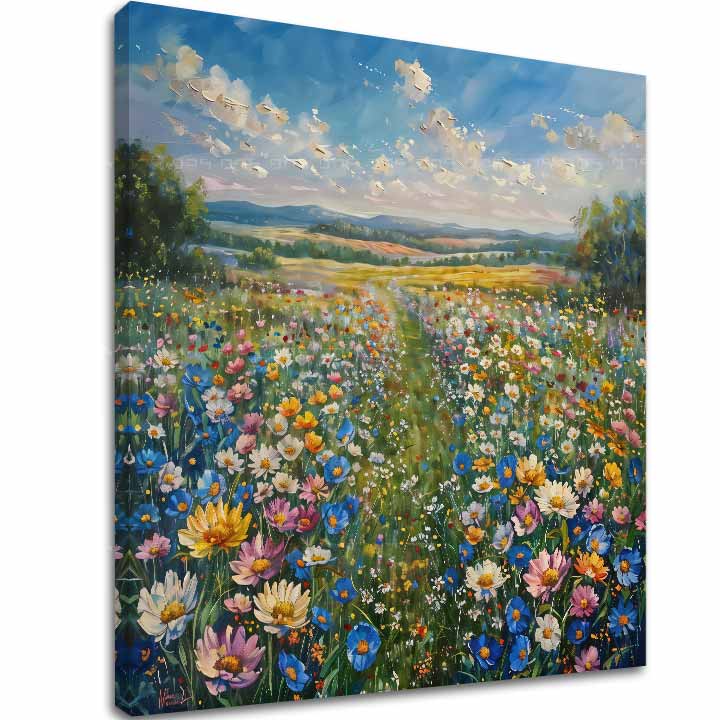 U skandinavskom stilu slika na platnu s motivom Letná livada, livada, nebo, oblaci, priroda u bijelo-plavih nijansama, vesela atmosfera, pogodan za hodnika – glavna