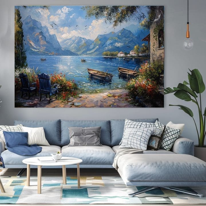 Art deko slika na platnu s motivom Prístav v horách, planine, jezero, cvijeće u bijelo-plavih nijansama, mirna atmosfera, priroda, pogodan za dnevnog boravka – proizvod, pogled 2