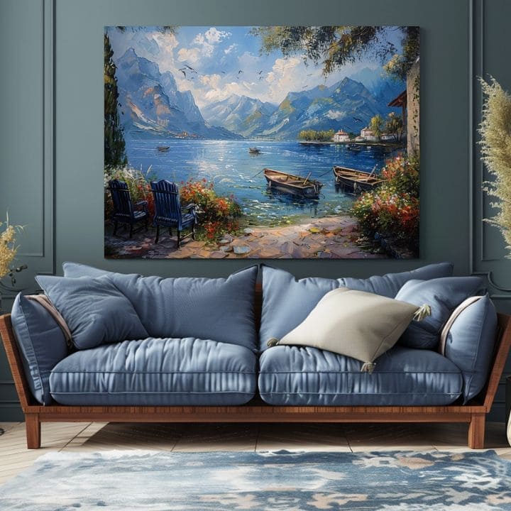 Art deko slika na platnu s motivom Prístav v horách, planine, jezero, cvijeće u bijelo-plavih nijansama, mirna atmosfera, priroda, pogodan za dnevnog boravka – proizvod