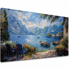 Art deko slika na platnu s motivom Prístav v horách, planine, jezero, cvijeće u bijelo-plavih nijansama, mirna atmosfera, priroda, pogodan za dnevnog boravka – glavna