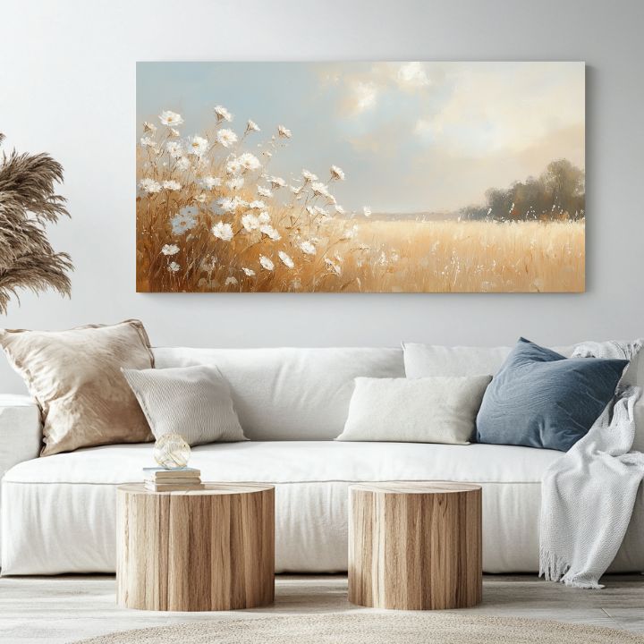 Moderan slika na platnu s motivom jemnosť letného rána, nebo u bijelo-žutih nijansama, mirna atmosfera, priroda i proljetna atmosfera | Slika jemnosť letného rána – proizvod, pogled 2