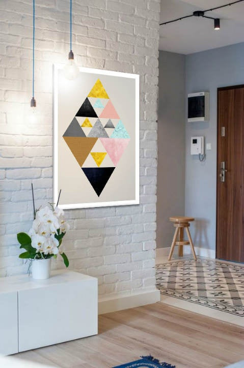 U boho stilu slika na platnu s motivom Prediction, geometrijski uzorci, mapa, životinja u višebojnih nijansama okačena u enterijeru hodnika | Slika za zid Prediction – enterijer