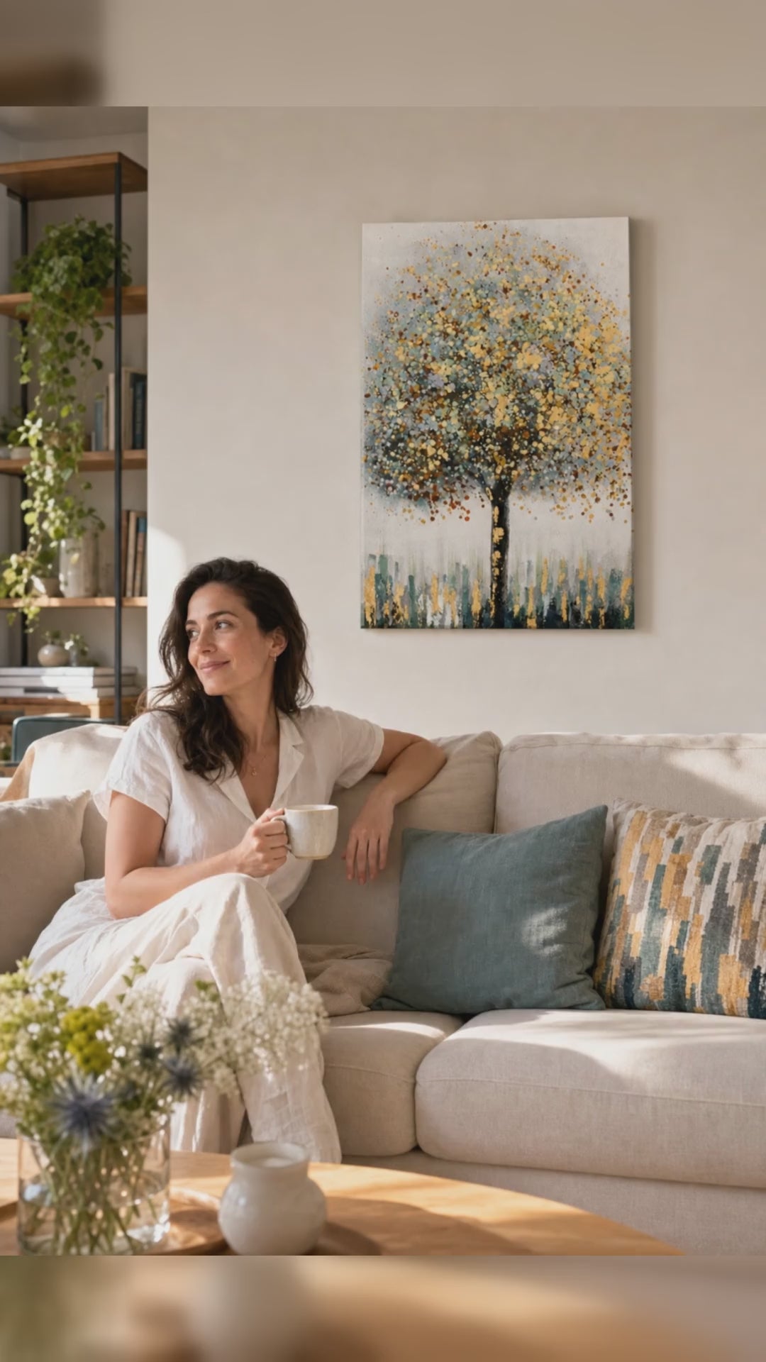 Ručno oslikana zidna slika STROM 1 dio - 60x90 cm. Ručno slikan original na platnu, autentičan enterijerni dekor, žena posmatra djelo u stilskom svijetlom enterijeru. Papilora — Crafted for Home (CWF1826SDE1).