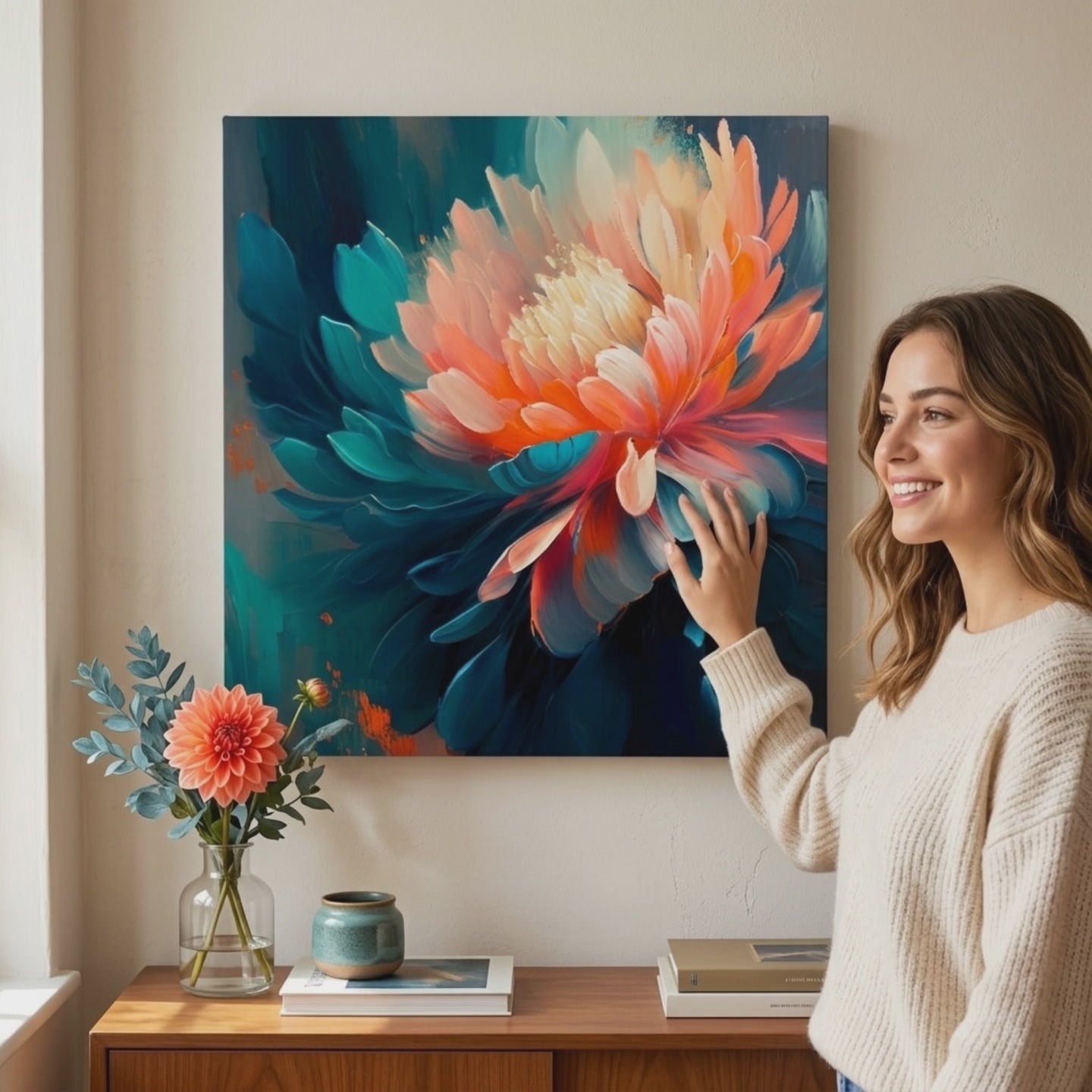 Dizajnerski ukras na platnu Šarene cvjetne impresije 60x60 cm. Moderni zidni dekor, slika na platnu za dnevnu sobu, žena posmatra djelo u stilskom svijetlom enterijeru. Papilora (XOBMDFL002E1).