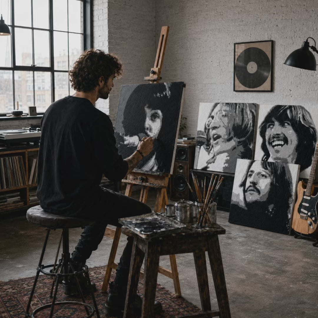Ručno oslikana POP Art slika Courier 1 dio kur – video prikaz procesa ručnog oslikavanja. Dominantne boje: crna, bijela, siva.