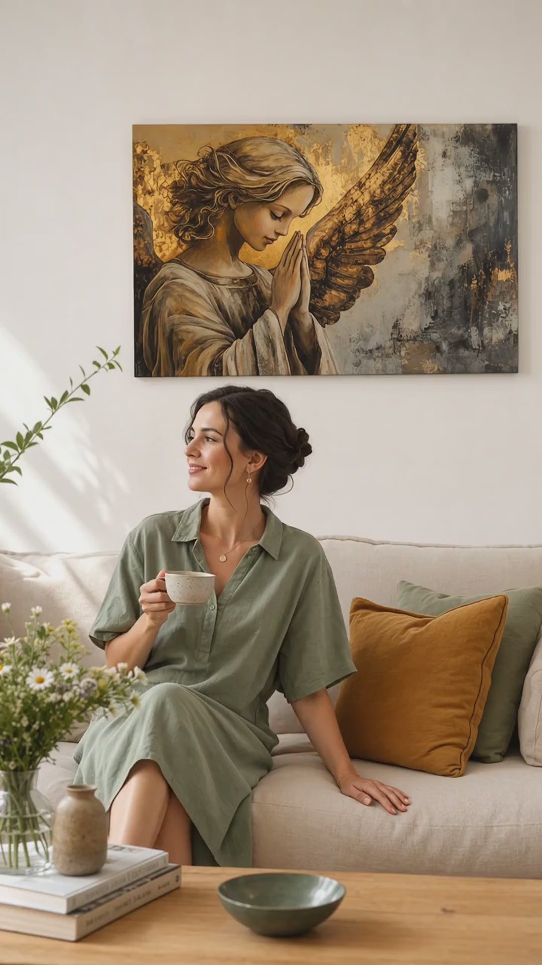 Slike anđela Molitva svjetla. Premium slika s akrilnim detaljima, moderni zidni dekor za dnevnu sobu, žena posmatra djelo u stilskom svijetlom enterijeru. Papilora Premium Art (XOGMDPA154E1).