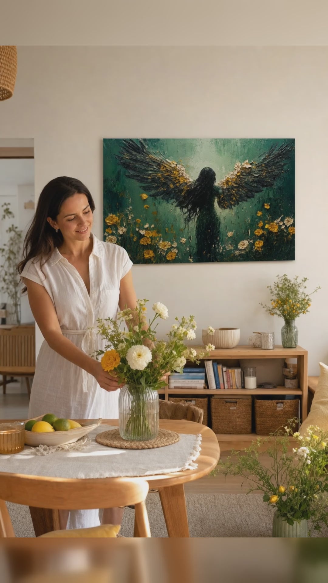 Slike anđela Svjetlo nade. Premium slika s akrilnim detaljima, moderni zidni dekor za dnevnu sobu, žena posmatra djelo u stilskom svijetlom enterijeru. Papilora Premium Art (XOGMDPA162E1).