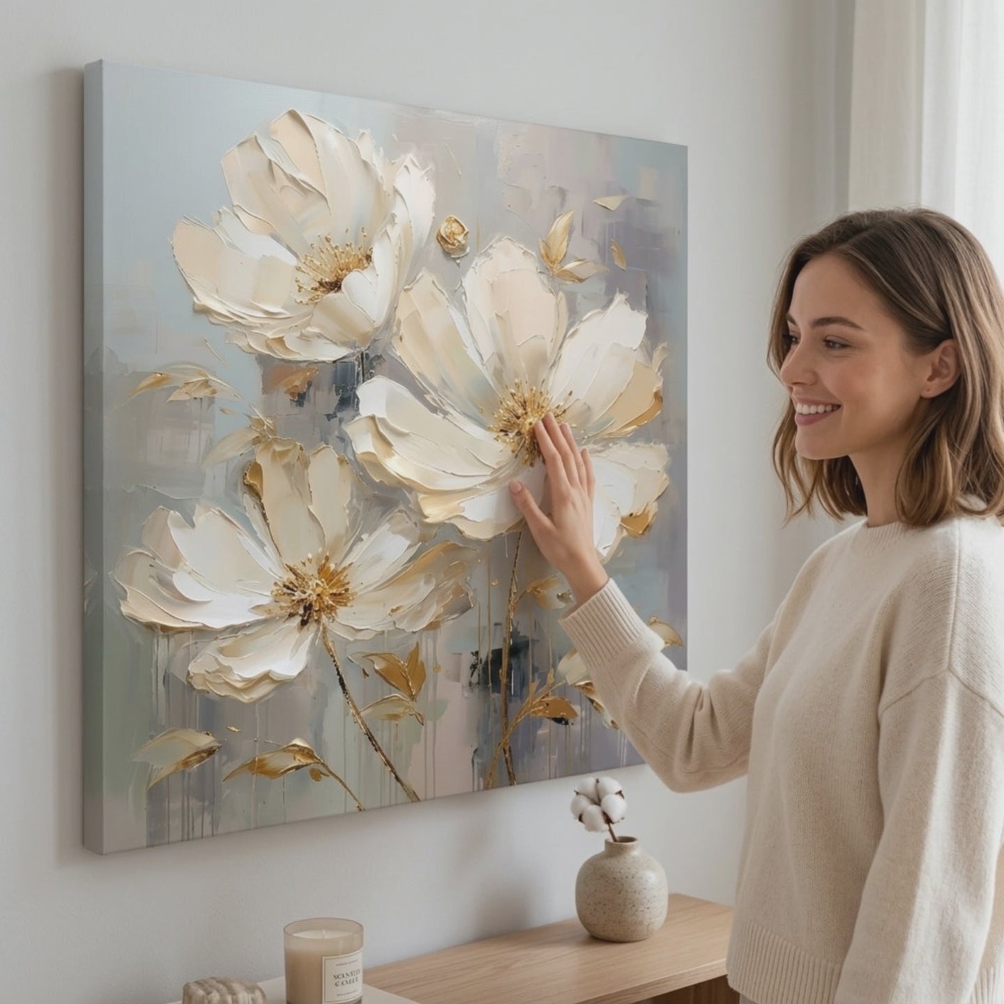 Žena posmatra sliku Cvjetni svijet na platnu Užitak za vaša osjetila 60x60 cm na zidu u stilskom svijetlom enterijeru | Papilora (XOBMDFL022E1)