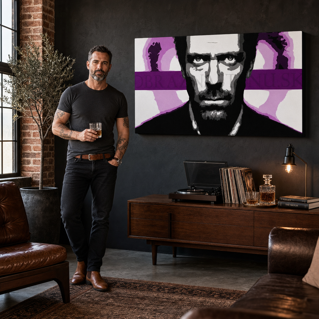 Ručno oslikana POP Art Art slika Dr. HOUSE 1 komad 1010 dh – slika u modernom muškom enterijeru, lifestyle vizualizacija. Dominantne boje: crna, bijela, ljubičasta, roza, siva.