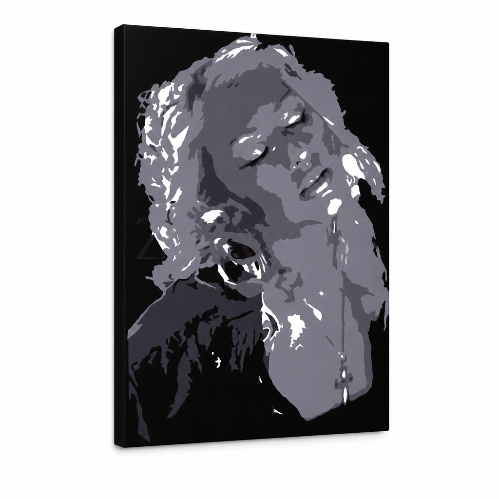 Ručno oslikana POP Art Christina Aguilera 1 komad ca – 3D vizualizacija ručno oslikanog platna na bijeloj pozadini. Dominantne boje: crna, siva, bijela.