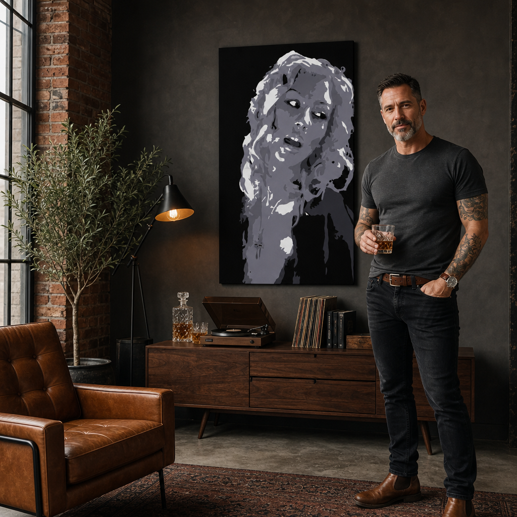 Ručno oslikana POP Art Christina Aguilera 1 komad ca2 – slika u modernom muškom enterijeru, lifestyle vizualizacija. Dominantne boje: crna, bijela, siva.