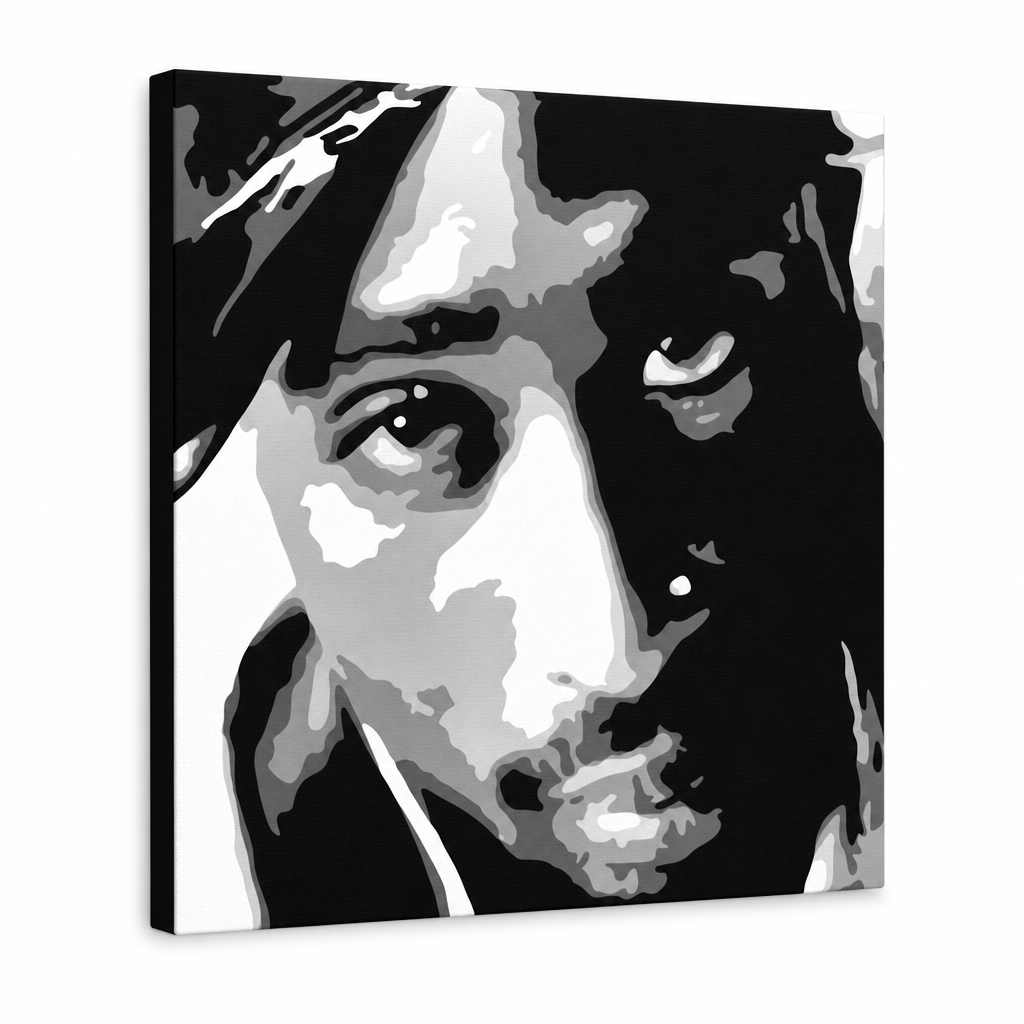 Ručno oslikana POP Art slika 2 PAC 1 komad 2pac – 3D vizualizacija ručno oslikanog platna na bijeloj pozadini. Dominantne boje: crna, bijela, siva.