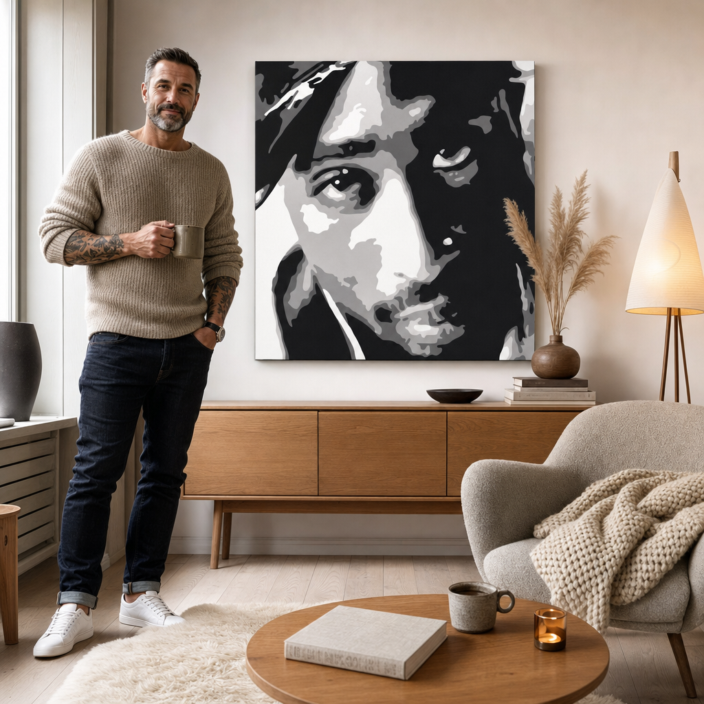 Ručno oslikana POP Art slika 2 PAC 1 komad 2pac – slika u modernom muškom enterijeru, lifestyle vizualizacija. Dominantne boje: crna, bijela, siva.