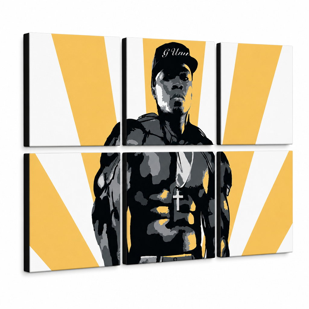 Ručno oslikana POP Art slika 50 centi, 6 dijelova, 50 centi – 3D vizualizacija ručno oslikanog platna na bijeloj pozadini. Dominantne boje: žuta, crna, bijela, siva.