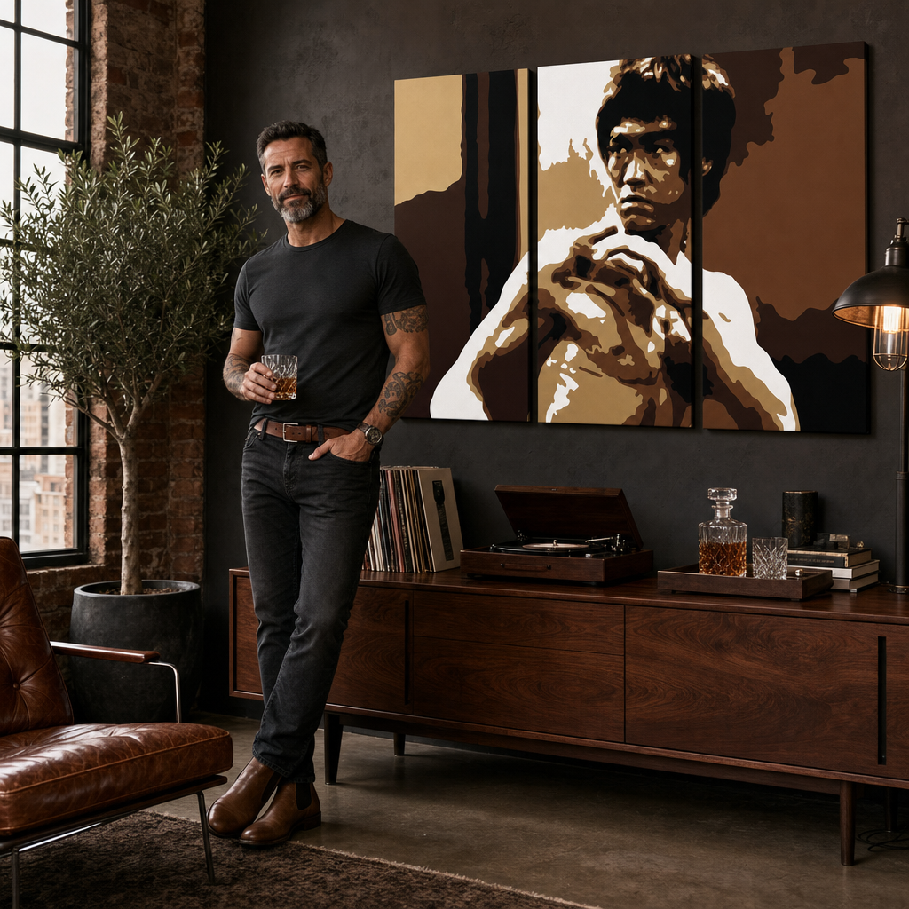 Ručno oslikana POP Art slika AL Bruce Lee 3 dijela lee – slika u modernom muškom enterijeru, lifestyle vizualizacija. Dominantne boje: smeđa, bež, crna, zlatna, bijela.