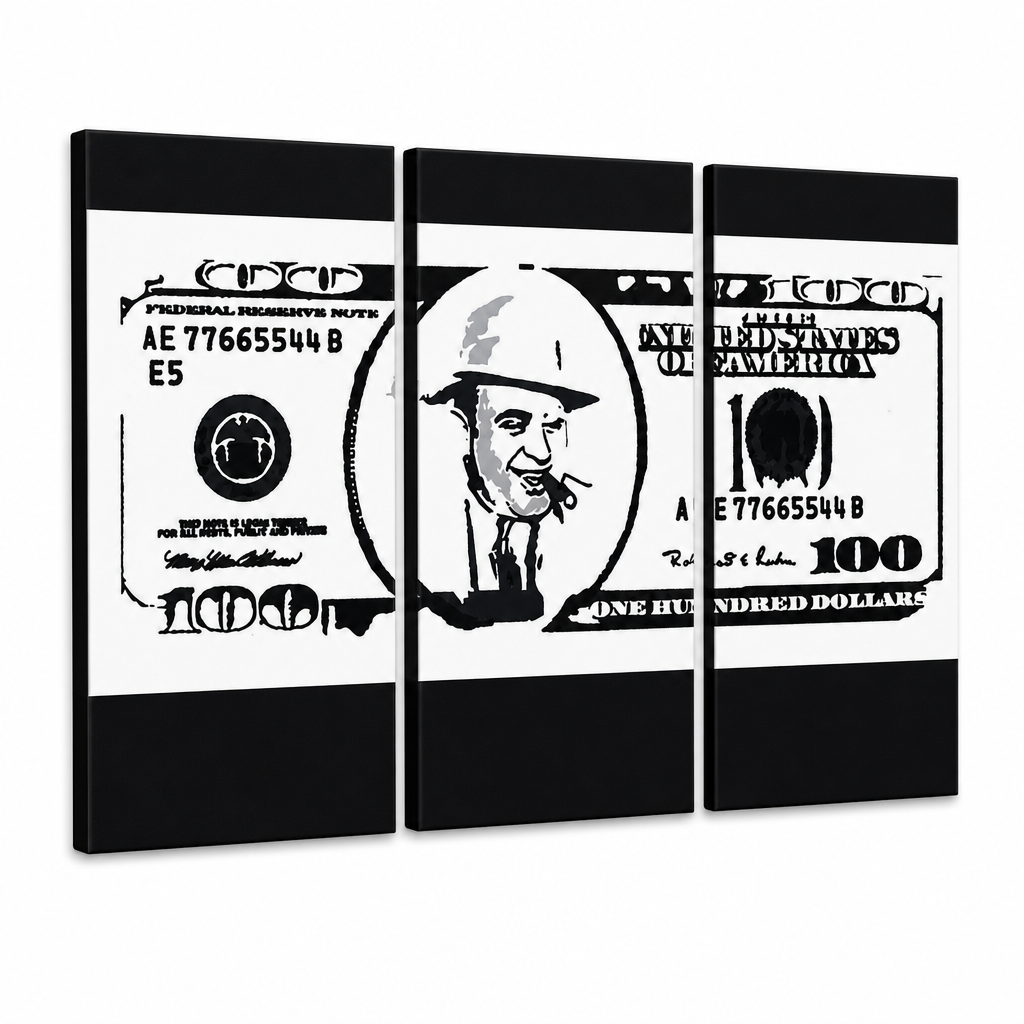 Ručno oslikana POP Art slika AL CAPONE 3 dijela – 3D vizualizacija ručno oslikanog platna na bijeloj pozadini. Dominantne boje: crna, bijela, siva.