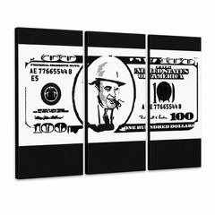 Ručno oslikana POP Art slika AL CAPONE 3 dijela – 3D vizualizacija ručno oslikanog platna na bijeloj pozadini. Dominantne boje: crna, bijela, siva.