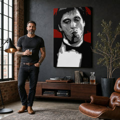 Ručno oslikana POP Art slika AL PACINO 1 komad al12 – slika u modernom muškom enterijeru, lifestyle vizualizacija. Dominantne boje: crvena, crna, siva, bijela.